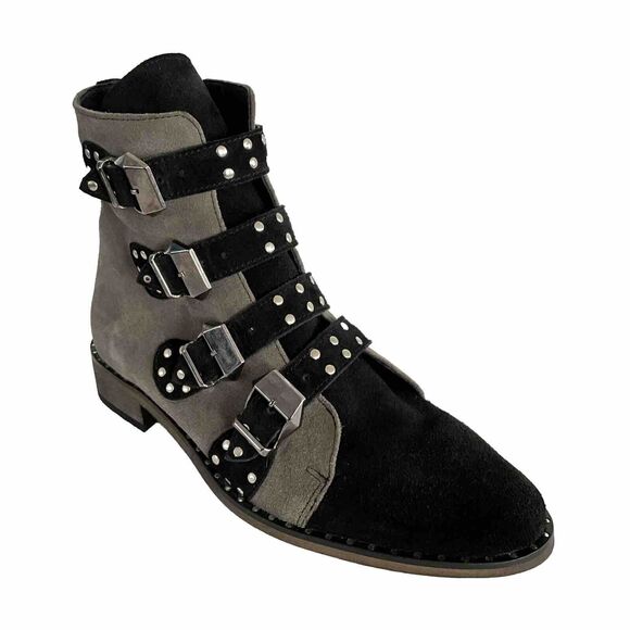Girotti Bootie Women Size 41 US 10 - 10.5M Gray Black Suede Quad Buckle Studded - Picture 1 of 13
